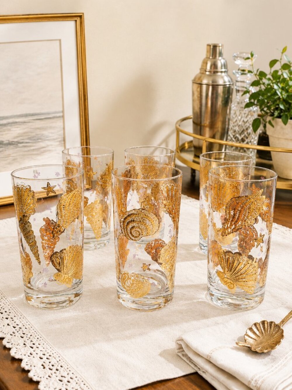 Culver Vintage Mid-Century Seashells 22K Gold Gilt Highball Glasses Set of 6 - Picture 1 of 8